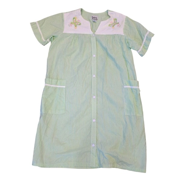 Anthony Richards House Dress Muumuu Seersucker Embroidered Butterfly Large #1140 - Picture 1 of 6